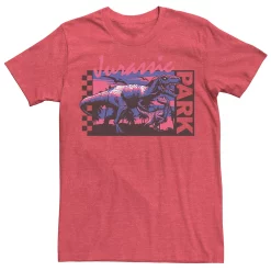 Men's Jurassic Park Checkerboard T-Rex Panel Tee -Mens Jurassic Park Clothing Shop 4392716 Red Heather